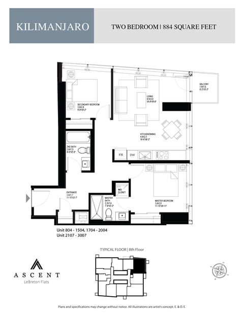 Floor plan for 2 beds, 2 baths, 875 sqft